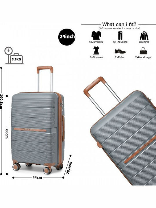 Miss Lulu Traveller Medium Travel Suitcase Hard Grey And Brown with 4 Wheels Height 66cm K2392L GY/BN 24