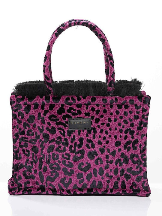 Leopard Velvet Γυναικεία Τσάντα Tote Χειρός Μωβ