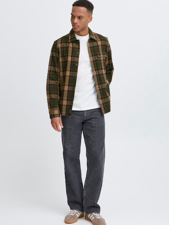 Long Sleeve Overshirt In Regular Fit Checked Khaki