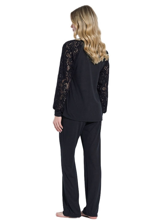 Jeannette Lingerie Χειμερινό Γυναικείο Σετ Πιτζάμας Black
