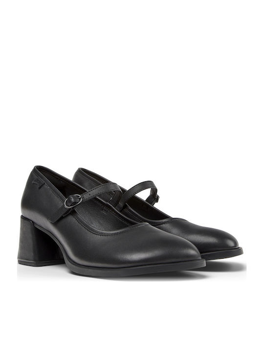 Leather Black Medium Heels with Strap