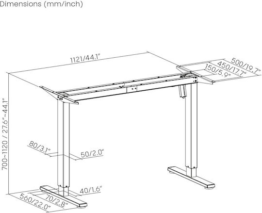 Ergo Office Er-400 B Klappbar Schreibtischbasis aus Metall mit Regulator in Schwarz Farbe 112x50x70cm