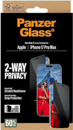 Panzerglass Folie de Protecție Privacy cu Vizibilitate din 2 Direcții pentru iPhone 17 Pro Max Ultra-wide Fit cu Easyaligner