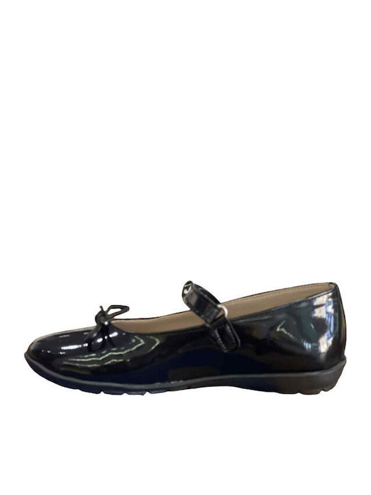 Kids Leather Ballerinas with Hoop & Loop Closure Black