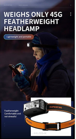 Superfire Lanternă cu Bliț Reîncărcabilă de Tip Cască LED IP44 cu Luminozitate Maximă 120lm Superfire