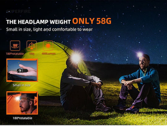 Superfire Επαναφορτιζόμενος Φακός Κεφαλής LED IP43 με Μέγιστη Φωτεινότητα 400lm