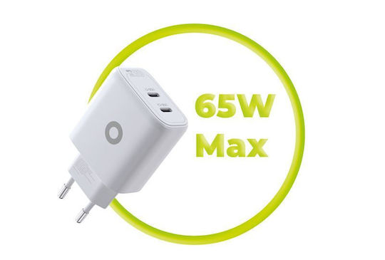 Mobile Origin Mobile Phone Charger Without Cable GaN with 2 USB-C Output Ports 65W Power Delivery White