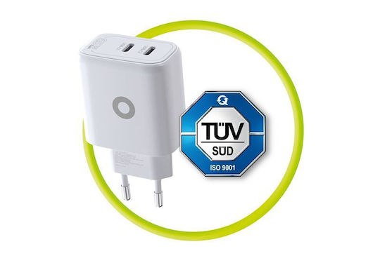 Mobile Origin Mobile Phone Charger Without Cable GaN with 2 USB-C Output Ports 65W Power Delivery White