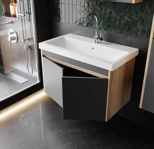 SteweHome Badezimmer Waschtisch-Einheit mit Spiegel und Spalte – Eiche & Anthrazit 80x55x45cm