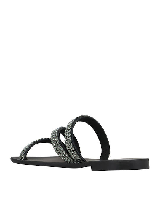Leather Women's Flat Sandals in Black Color
