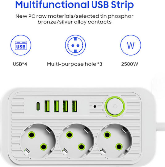 Cable Power Strip with Surge Protection 3 Positions with 4 USB-A, 4 USB-C, Switch and Cable 5m