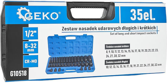 Geko Καρυδάκια Αέρος Μακριά με Καρέ Υποδοχής 1/2" Σετ 35τμχ