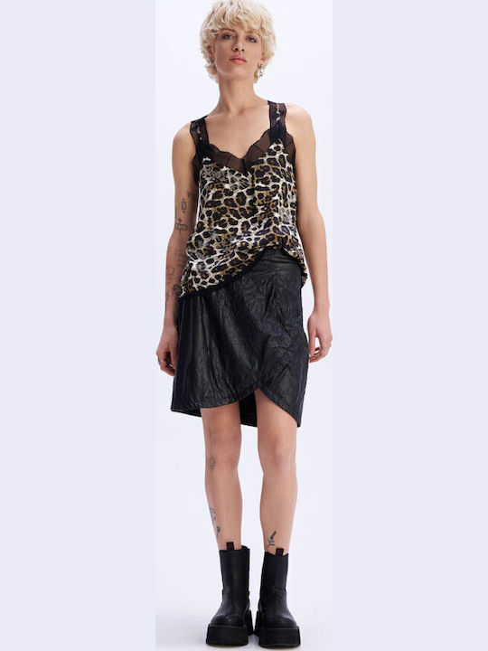 Women's Satin Lingerie Top Animal Print with Lace Leopard