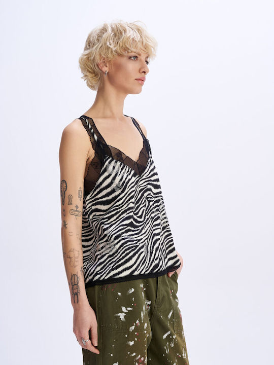 Women's Satin Lingerie Top Animal Print with Lace Zebra