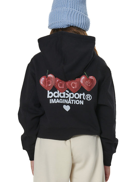 Fleece Παιδικό Φούτερ Cropped με Κουκούλα Μαύρο
