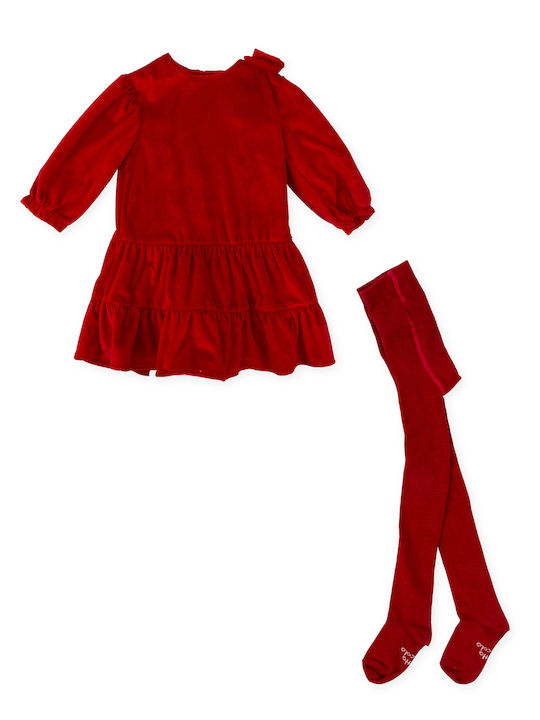 Kids Dress Long Sleeve Velvet Set with Tights Red