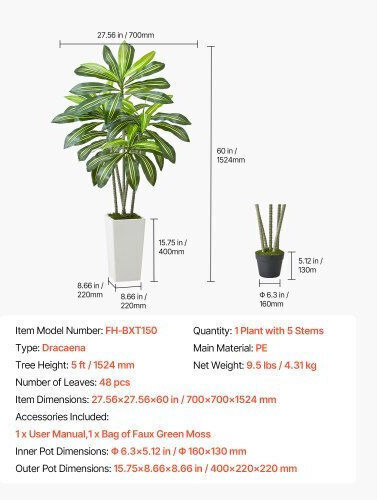 Vevor 1524 мм Изкуствено Дърво Dracaena Фалшиво Растение Бял Саксия За Вътрешна Употреба