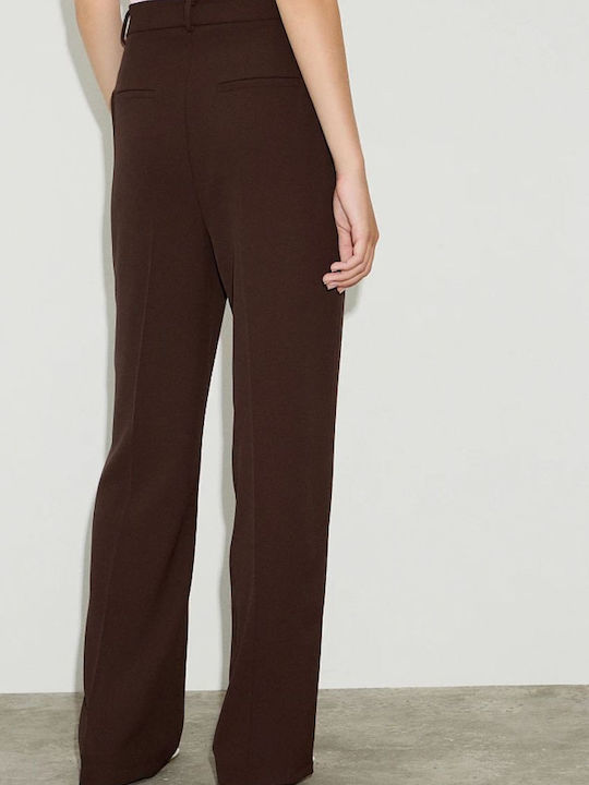 Women's High-waisted Fabric Trousers Regular Fit Chocolate