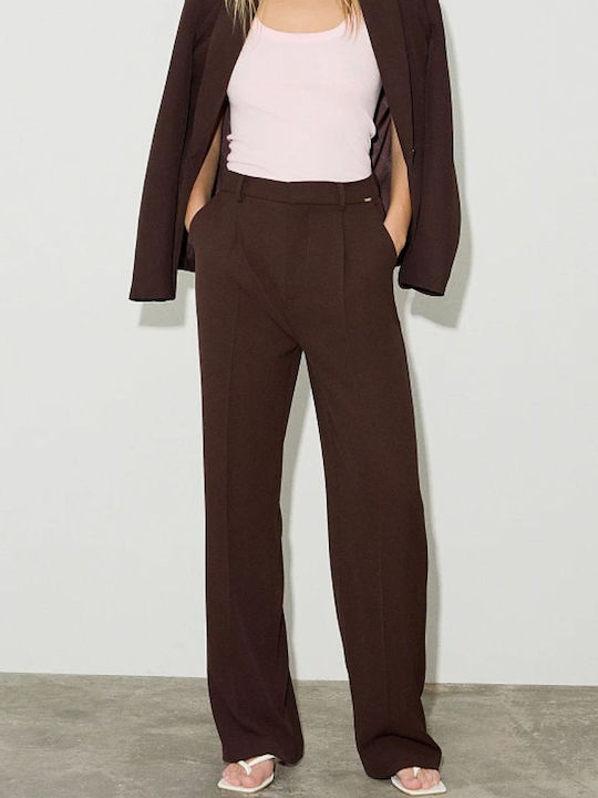 Women's High-waisted Fabric Trousers Regular Fit Chocolate