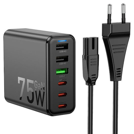 Hoco с 3 USB-A порта и 3 USB-C порта 75W Power Delivery / Quick Charge 3.0 Черен (C133A)