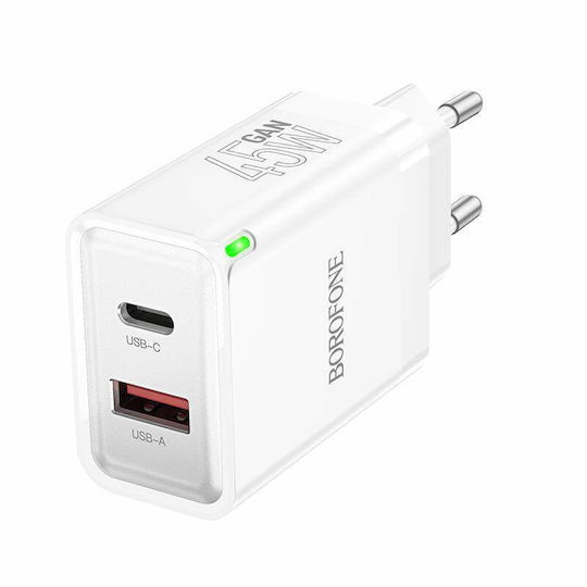 Borofone Charger Without Cable with USB-A Port and USB-C Port 45W Power Delivery Whites (BN16 Tough)