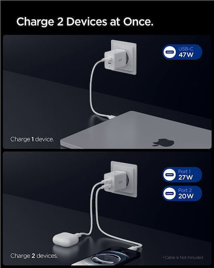 Spigen Φορτιστής Χωρίς Καλώδιο με 2 Θύρες USB-C 47W Power Delivery / Quick Charge 3.0 Λευκός (Essential EE472EU)