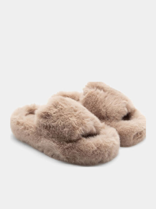 Winter Women's Slippers with Fur Beige