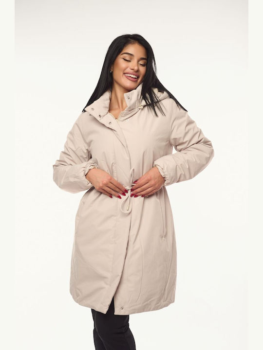 Women's Long Lifestyle Jacket for Winter with Hood Ecru