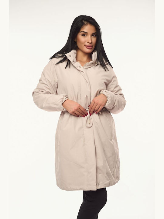 Women's Long Lifestyle Jacket for Winter with Hood Ecru