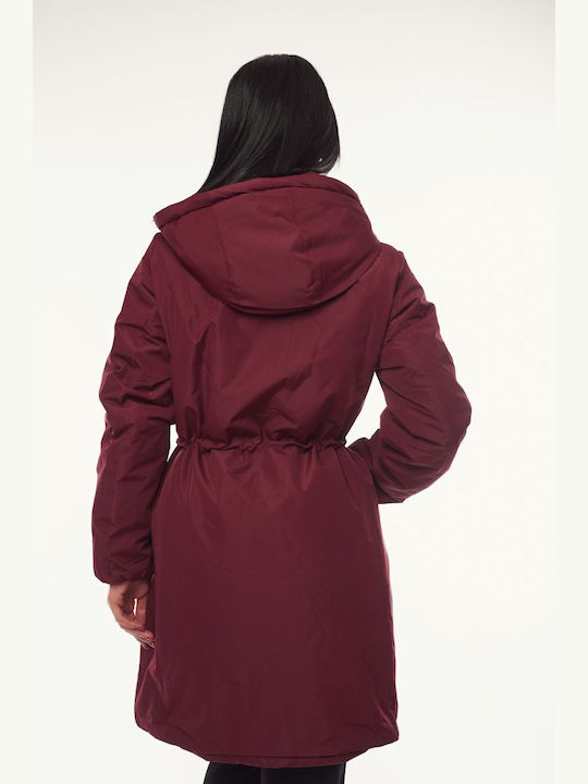 Women's Long Lifestyle Jacket for Winter with Hood Burgundy