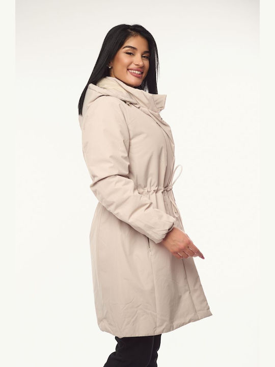 Women's Long Lifestyle Jacket for Winter with Hood Ecru