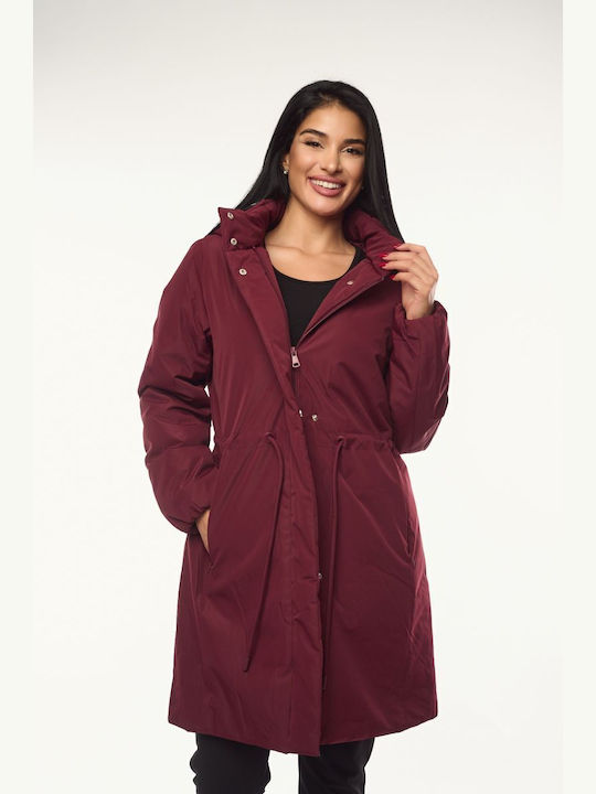 Women's Long Lifestyle Jacket for Winter with Hood Burgundy