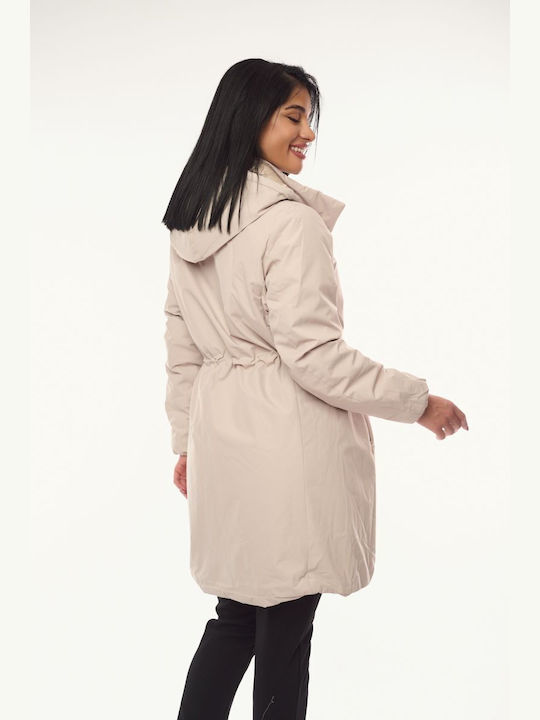 Women's Long Lifestyle Jacket for Winter with Hood Ecru