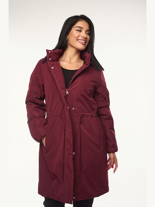 Women's Long Lifestyle Jacket for Winter with Hood Burgundy
