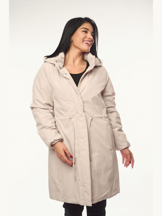 Women's Long Lifestyle Jacket for Winter with Hood Ecru