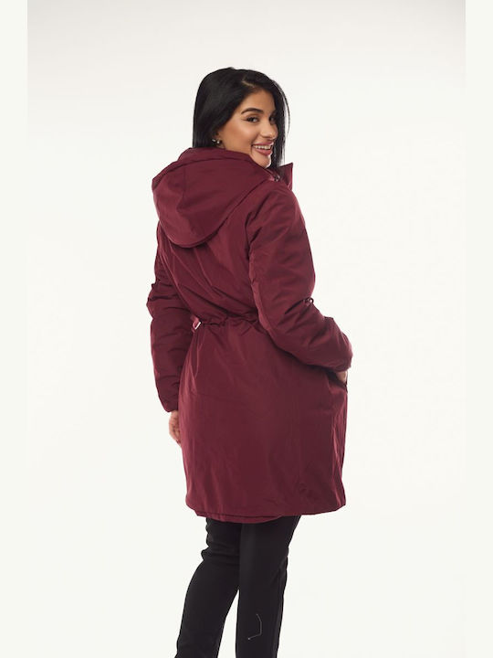 Women's Long Lifestyle Jacket for Winter with Hood Burgundy