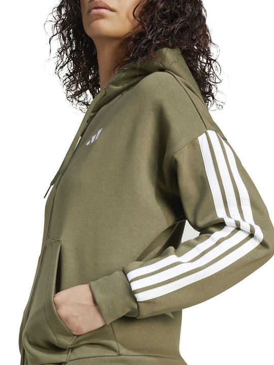 Essentials 3-stripes Γυναικεία Ζακέτα Φούτερ με Κουκούλα Χακί