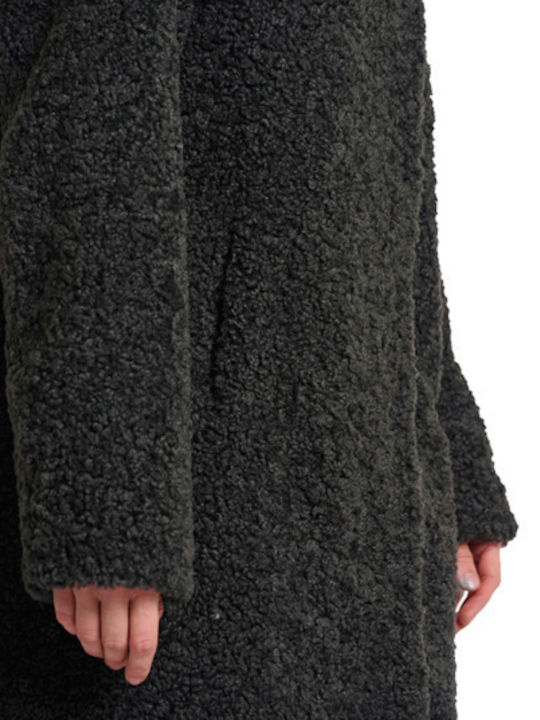 Women's Gray Coat with Hood & Fur Details