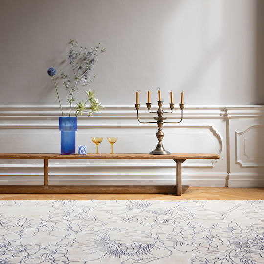 Ted Baker Linear Floral Handgefertigt Teppich Rechteckig Baumwolle 162508 Blue