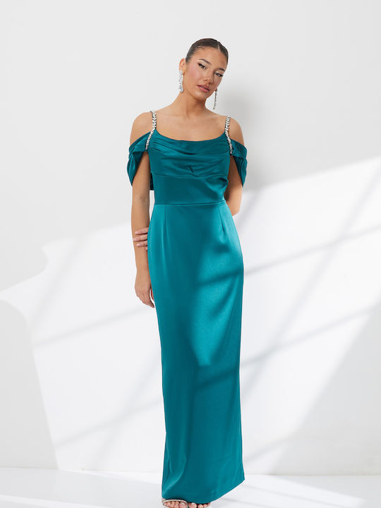 Summer Maxi Evening Satin Drape Petrol Blue Dress