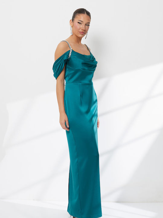 Summer Maxi Evening Satin Drape Petrol Blue Dress