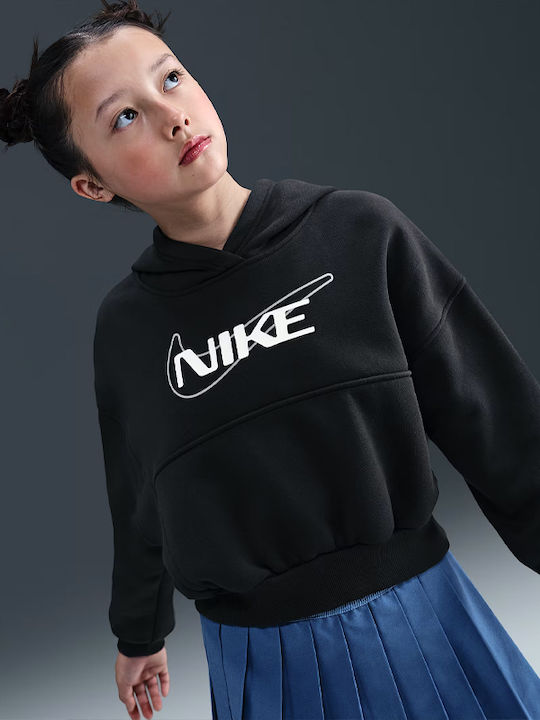 Fleece Παιδικό Φούτερ Cropped με Κουκούλα και Τσέπες Μαύρο Sportswear Club