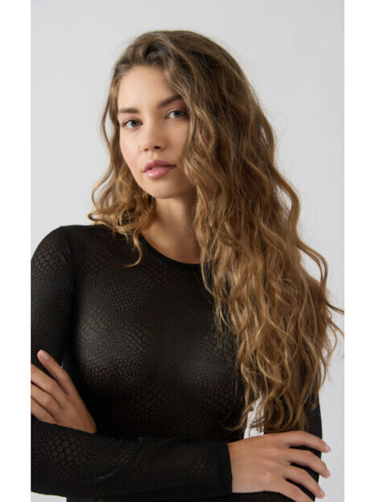 Minerva Tencel Modal Γυναικείο Μακρυμάνικο Κορμάκι Lace Gaia-90-88741-μαυρο