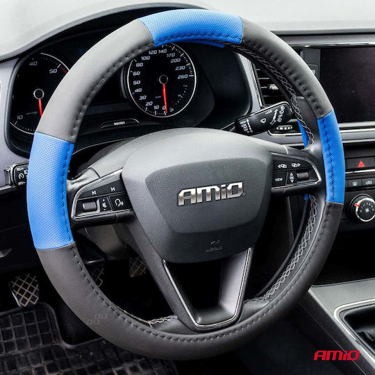 AMiO Car Steering Wheel Cover SWC-04-Μ with Diameter 37-39cm made of Leatherette Blue