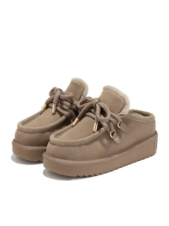 Flach Leder Mules in Braun Farbe