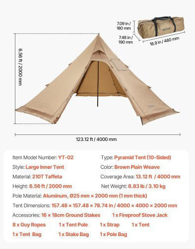 Vevor Σκηνή Camping Teepee Καφέ 4 Εποχών για 4 Άτομα 400x400x200εκ.
