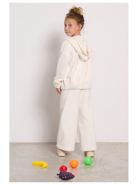 Fleece Kids Sweatshirt Cardigan with Hood and Pockets Ecru
