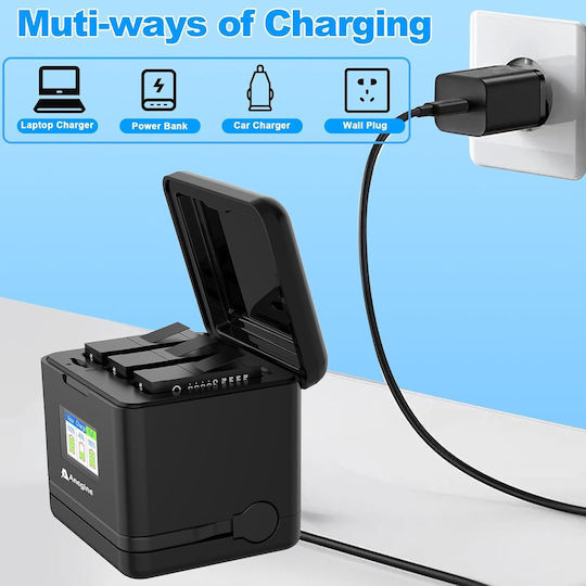 Set 3 Baterii 2300 mAh GoPro Hero 13 Încărcător Negru Cu 3 Sloturi Ecran LCD Cablu USB-A Slot USB-C Negru