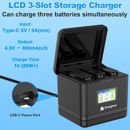Set 3 Baterii 2300 mAh GoPro Hero 13 Încărcător Negru Cu 3 Sloturi Ecran LCD Cablu USB-A Slot USB-C Negru