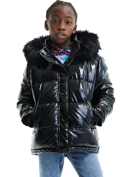 Kids' Quilted Jacket Short with Hood Black Saturno